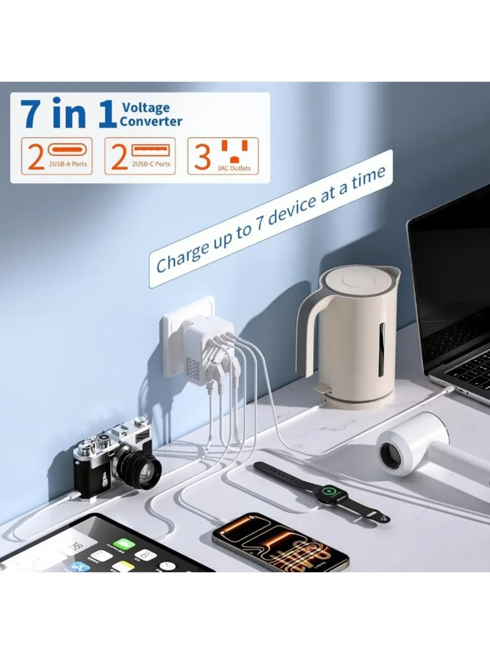 2000W Voltage Converter for European Travel, 7-in-1 Adapter with 3 AC/2 USB